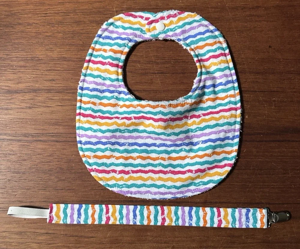 Handmade Baby Bib Gift Set Bib & Pacifier Clip Multi-color Stripe